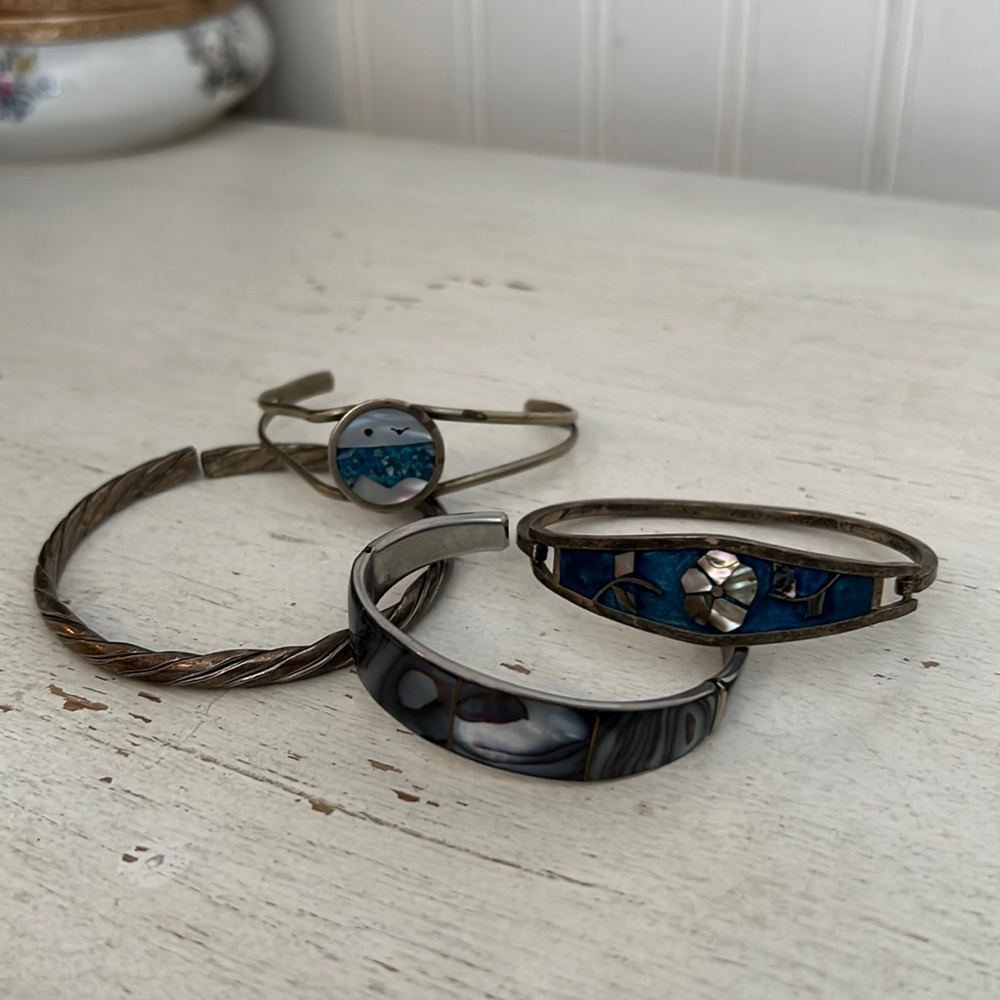 Lot 4 silver & silver tone bangle bracelet hinged mother of pearl